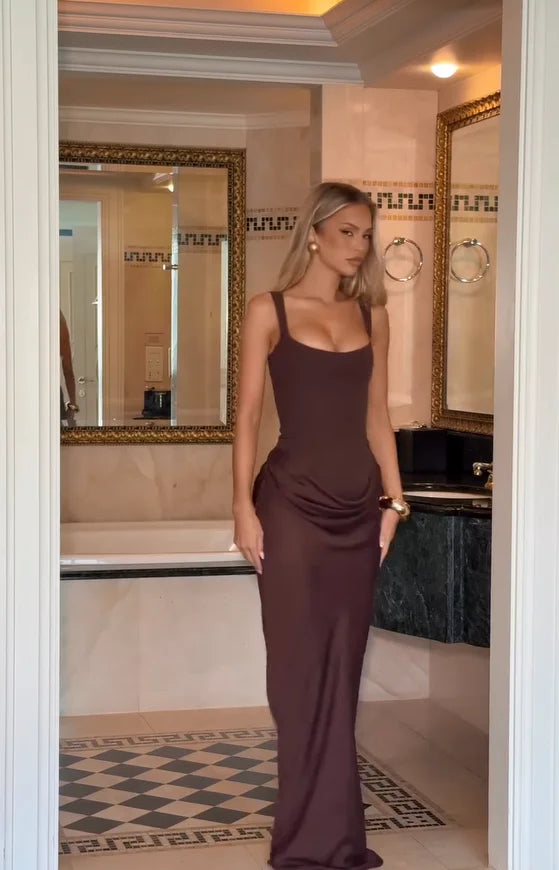 Solid Pleated Sling Dress Women Square Neck Sleeveless Off-shoulder Waist Cinching Slim Dresses 2026 Lady Evening Party Gowns