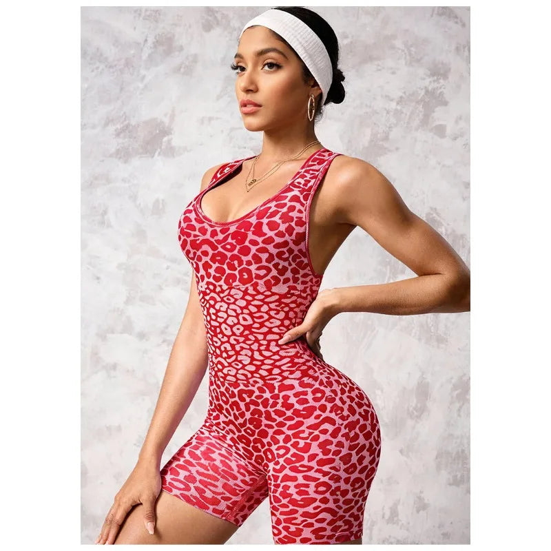 New Leopard Seamless Fitness Bodysuit Shorts Women Cross Strap High Stretch Yoga Jumpsuit Workout Fashion Butt Liftting Bodysuit