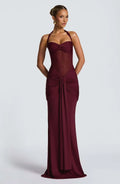 Suninheart Draped Maxi Evening Dress Women Elegant Halter Prom Dresses Wine Formal Occasions Backless Dress Sexy