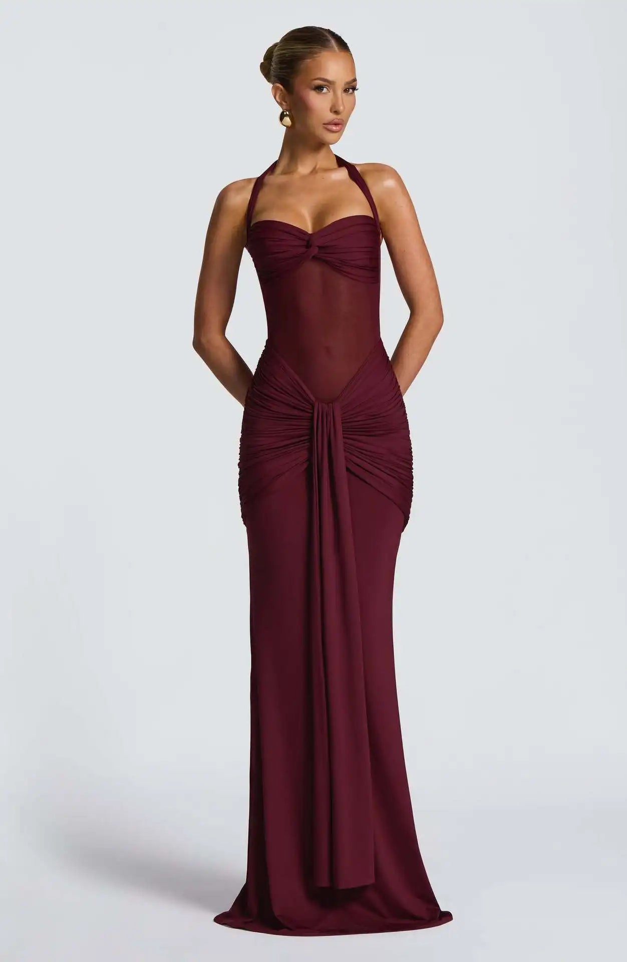 Suninheart Draped Maxi Evening Dress Women Elegant Halter Prom Dresses Wine Formal Occasions Backless Dress Sexy
