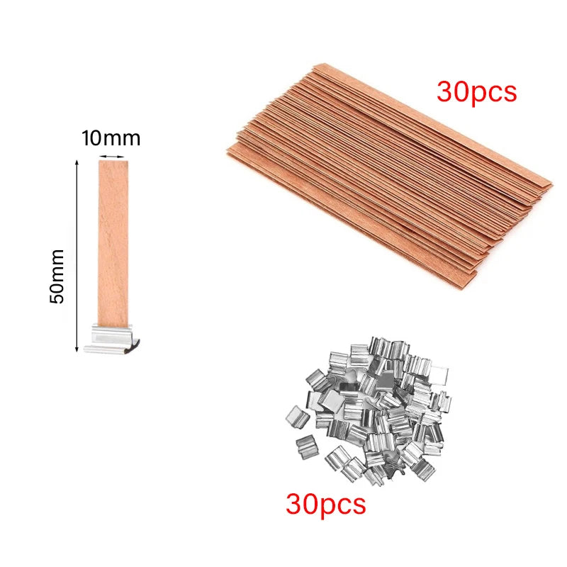 30/50pcs Wooden Candle Wick Set With Clip Base Smokeless Candle Wicks for DIY Paraffin Candle Jar Making Candle Making Supplies