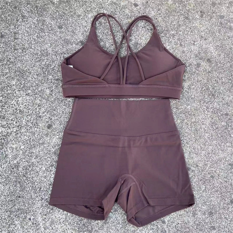 2 Piece Yoga Shorts Set Gym Sports Set Women Workout Outfit Fitness Suit Cross Straps Bra High Waist Shorts Running Tracksuit