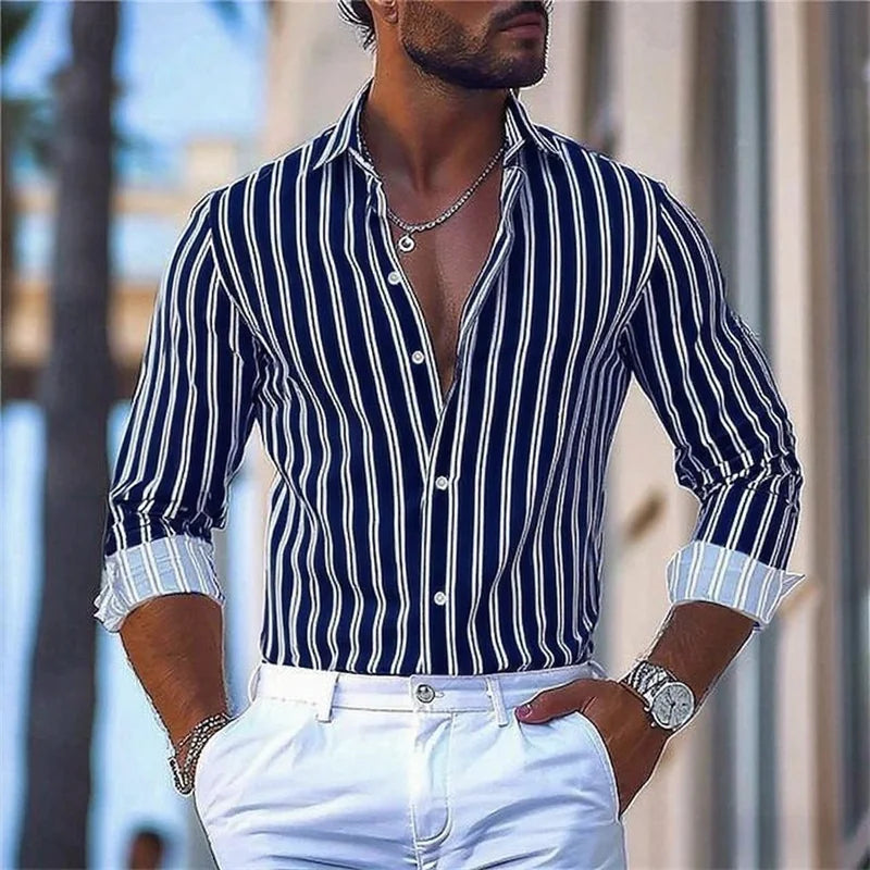 15 colors men's striped long-sleeved shirts, business office men's tops, spring and autumn lapel shirts, high-quality shirts