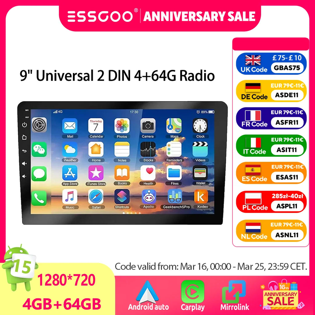 ESSGOO 9Inch 2 DIN Car Stereo Radio Wirless Carplay Android Auto Car Stereo Bluetooth 64G GPS Navigation RDS WiFi USB FM DAB+CAM
