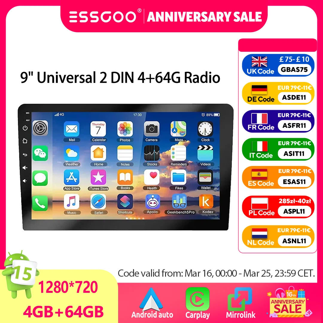 ESSGOO 9Inch 2 DIN Car Stereo Radio Wirless Carplay Android Auto Car Stereo Bluetooth 64G GPS Navigation RDS WiFi USB FM DAB+CAM