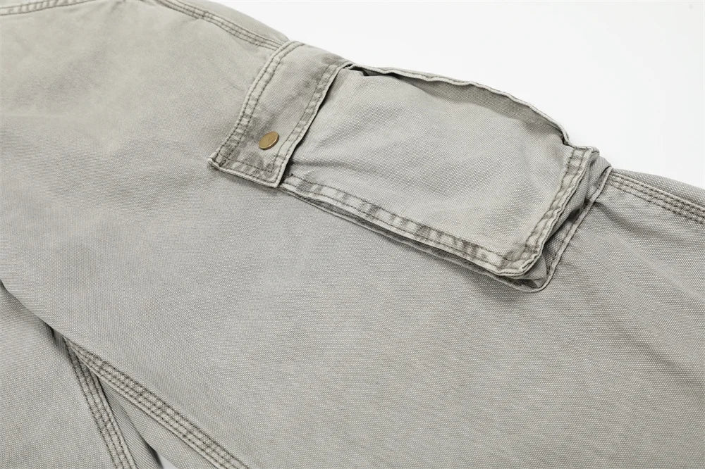 Multi-Pocket Cargo Jeans Mens Retro High Street Washed Distressed Straight Wide Leg Trousers Men