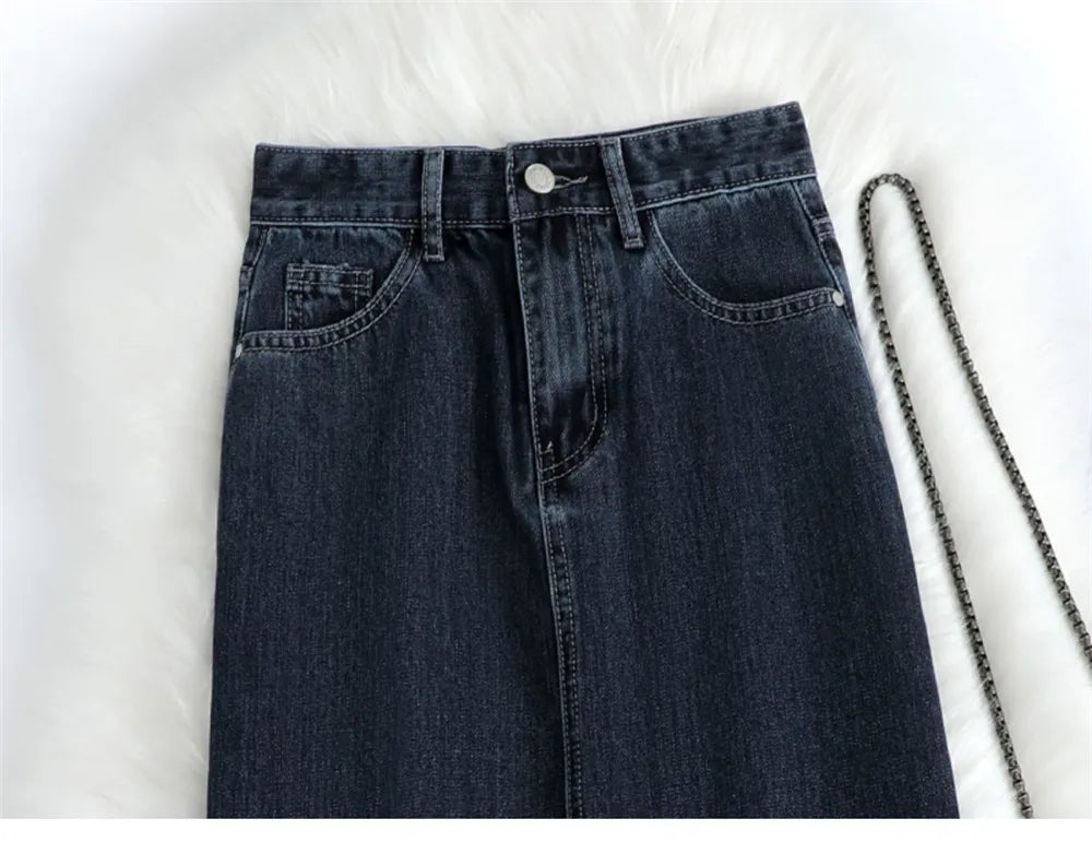 Women Denim Skirt Spring A Line Summer High Waist Loose Split Hem Dark Blue Chic Casual Streetwear Jean Midi Skirt Streetwear