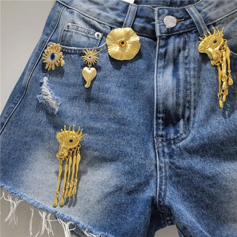 Women Denim Shorts Holes Spliced Print Jeans Pockets Solid Wide Leg Short Pant Tassels High Waist Trousers Casual Streetwear