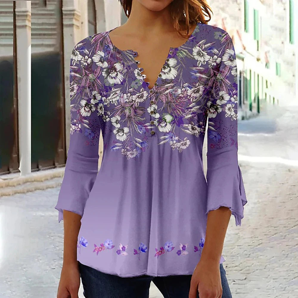 New Women's V-Neck Button-Down Shirt Summer Casual Printed T-Shirt Top Street Fashion Loose Clothing Matching V-Neck T-Shirt
