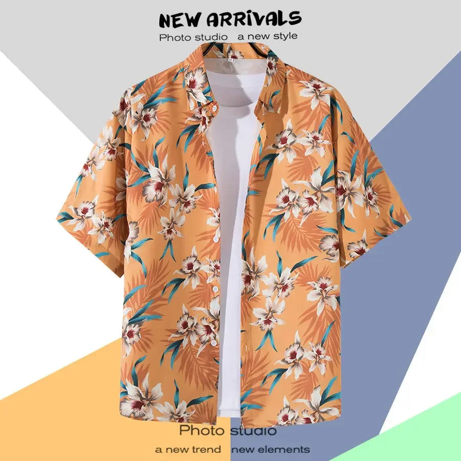 New Summer Casual Short Sleeved Shirt Korean Version Fashionable Men's and Women's Loose Collar Hawaiian Seaside Flower Shirt