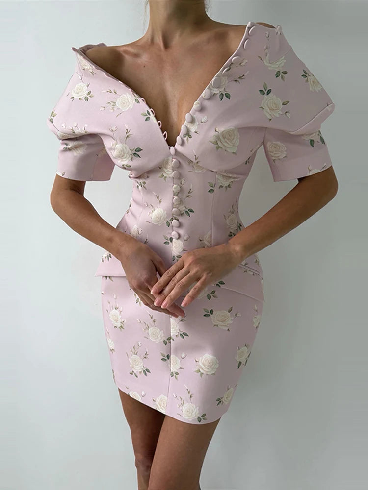 Sexy Print Women's Dress Multi Button Shoulder Pad Waist Cinching Package Hip Short Sleeved Dresses Fashion Summer Daily Wear