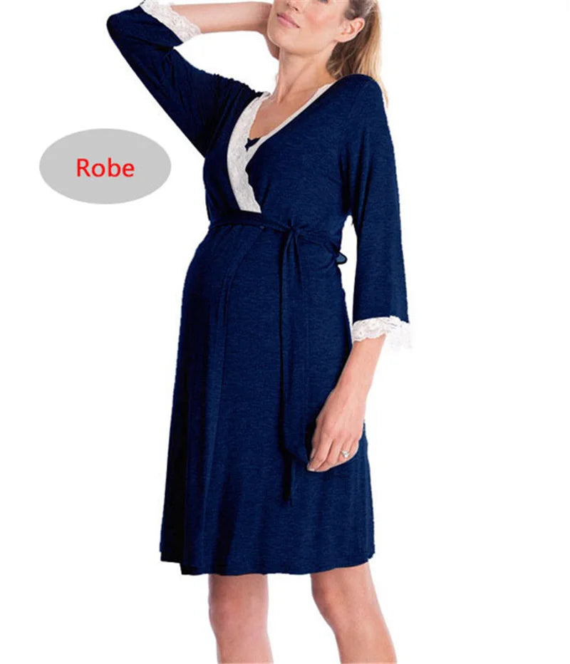 Maternity Robe Nightgown Pregnant Women Nursing Nightwear Lace Sleepwear With Adjustable Belt Pajama Dress Pregnancy Clothes