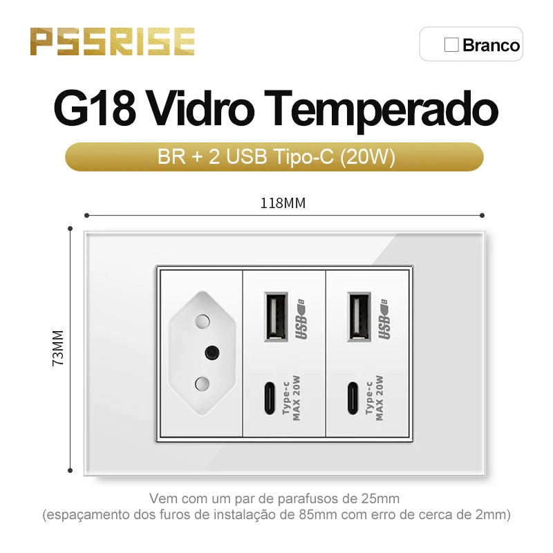 PSSRISE White Tempered Glass Standard sockets and switches brazil Switzerland Usb Type C Wall Socket Light Switch Smart Switch