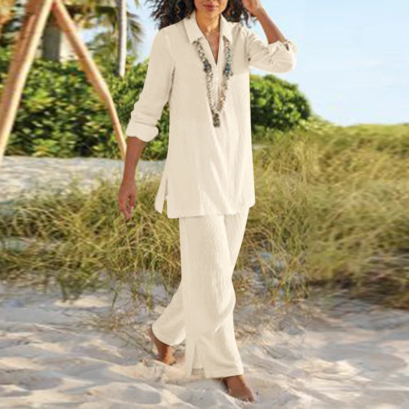 Summer Women's Sexy V-neck National Style Retro Long-sleeved Trousers Suit Casual Loose Cotton Linen Suit Solid Color