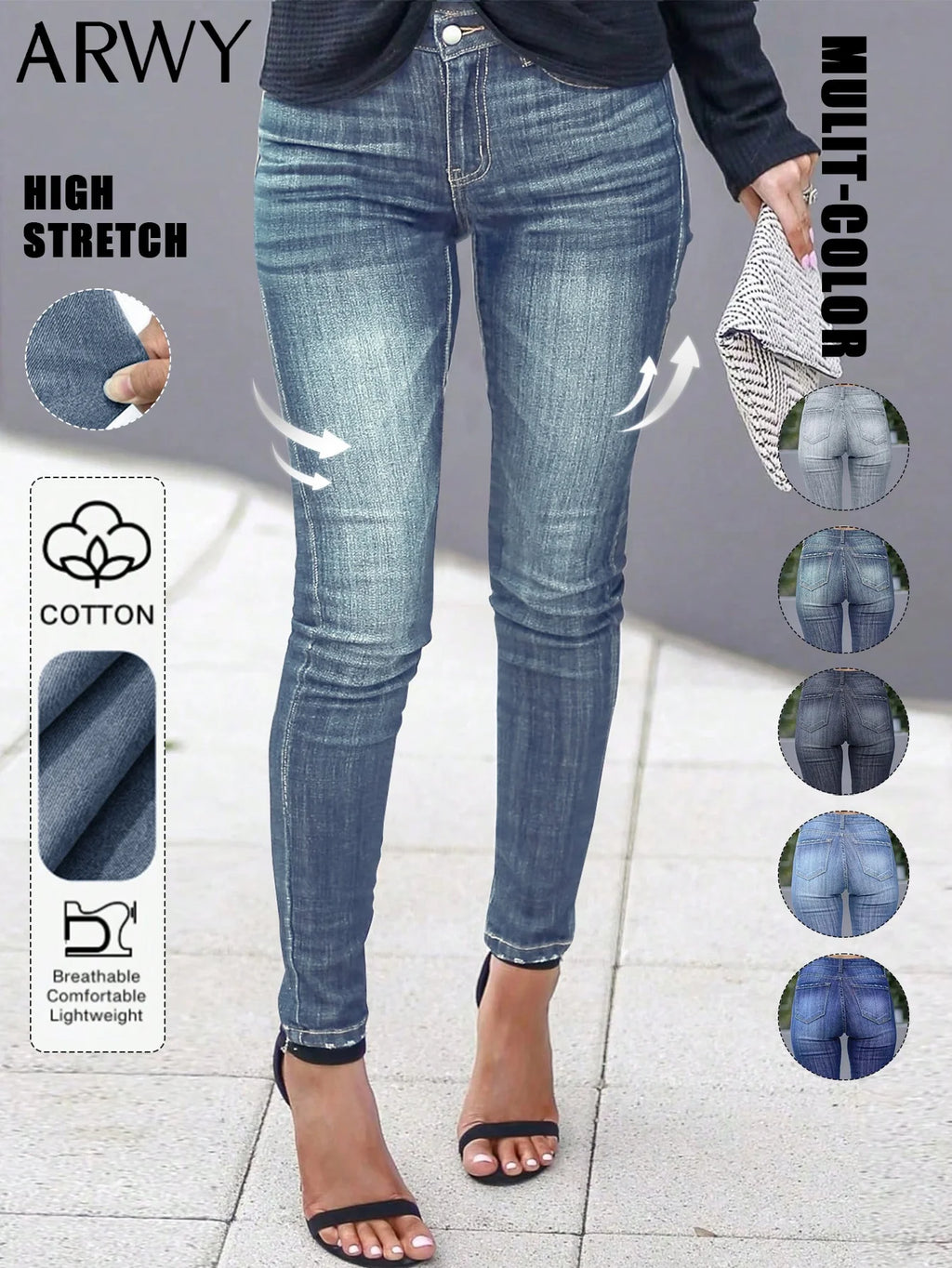 Women's Fashionable Elegant Casual Versatile Washed Cat's Whisker Pattern Skinny Fit Denim Jeans for Daily Wear