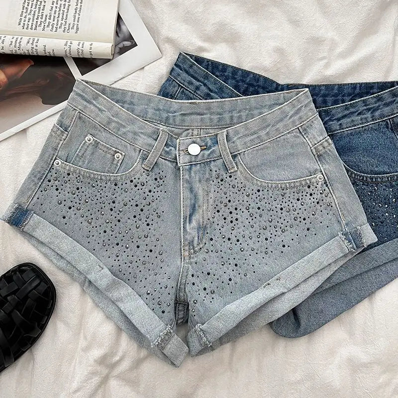 Retro Fashion Rhinestone Denim Shorts Women Pink Summer New A-Line Wide Leg Jeans Ultra Short For Hot Girls Bottoms