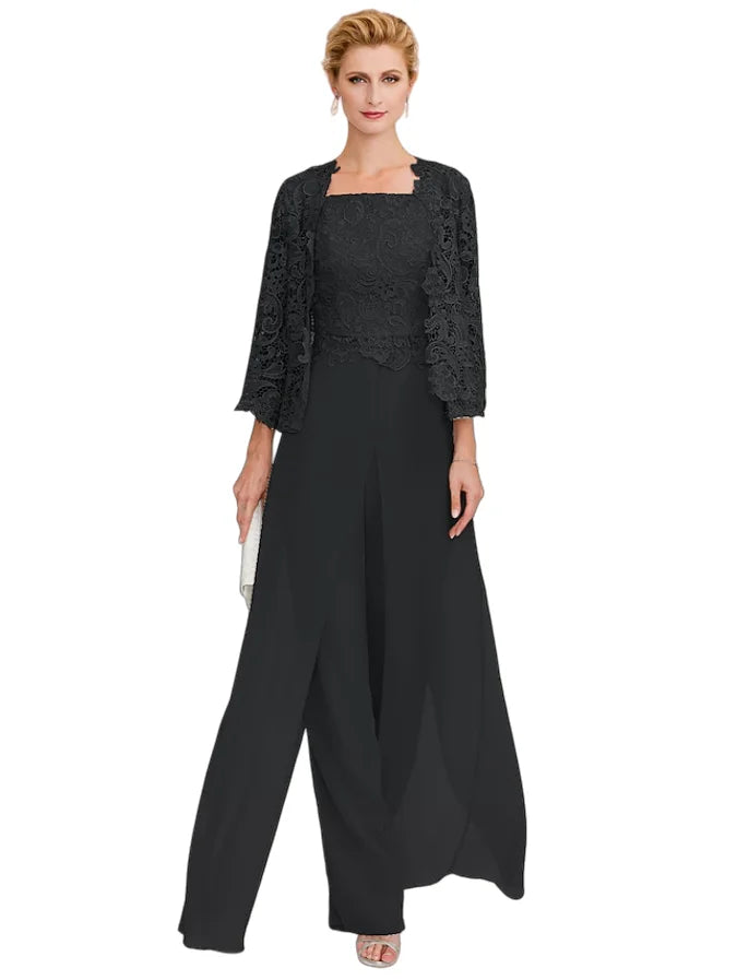 Jumpsuit Pantsuit 3 Piece Floor Length Sleeveless Square Neck Elegant Formal Wedding Guest Chiffon Mother of the Bride Dress