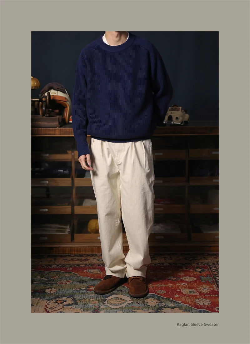 Classic Raglan Sleeve Crewneck Sweater Vintage Style Men's Wool Blend Knitted Pullover Jumper Thick
