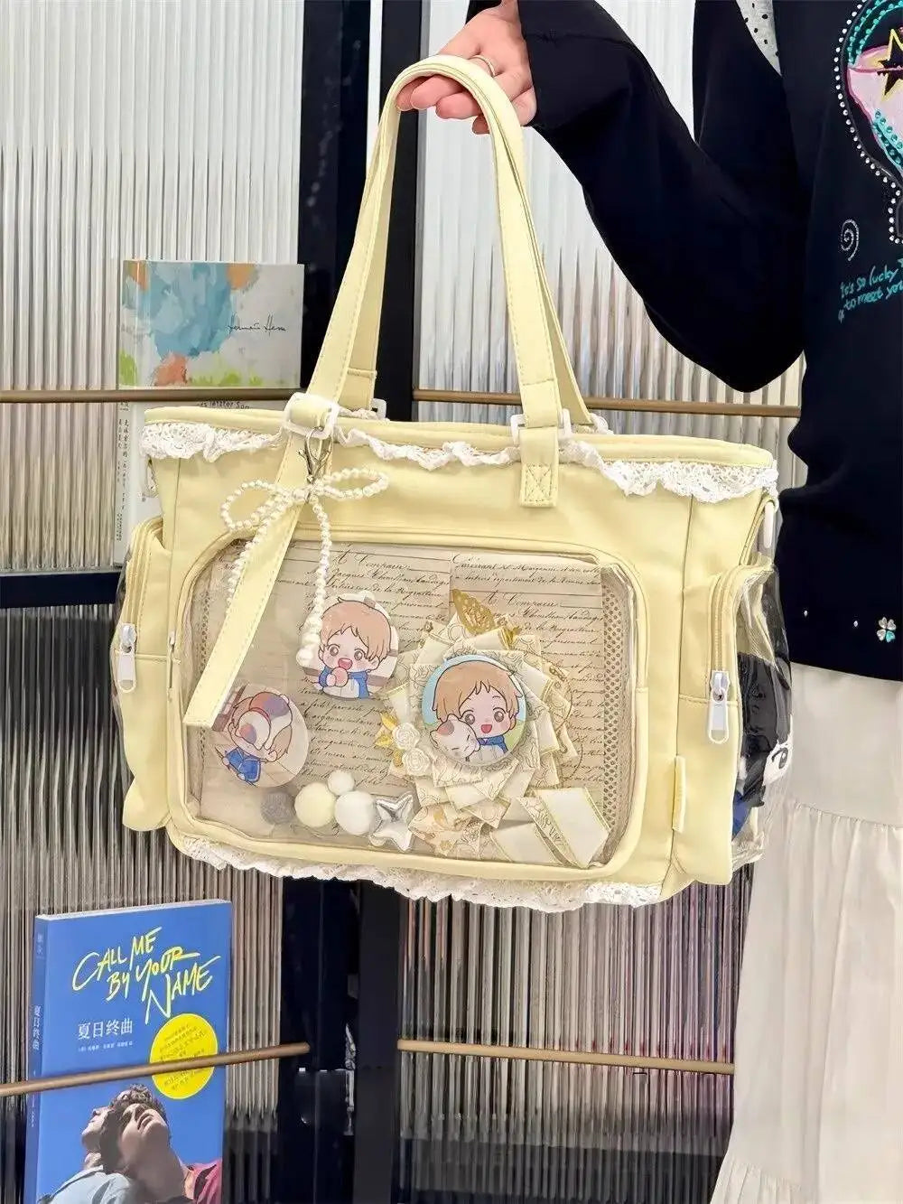 Japanese Sweet Women Ribbon Ita Bag Fashion Large Capacity Tote Bag Aesthetic Shoulder Bag Cute Lolita Girl Transparent Handbags