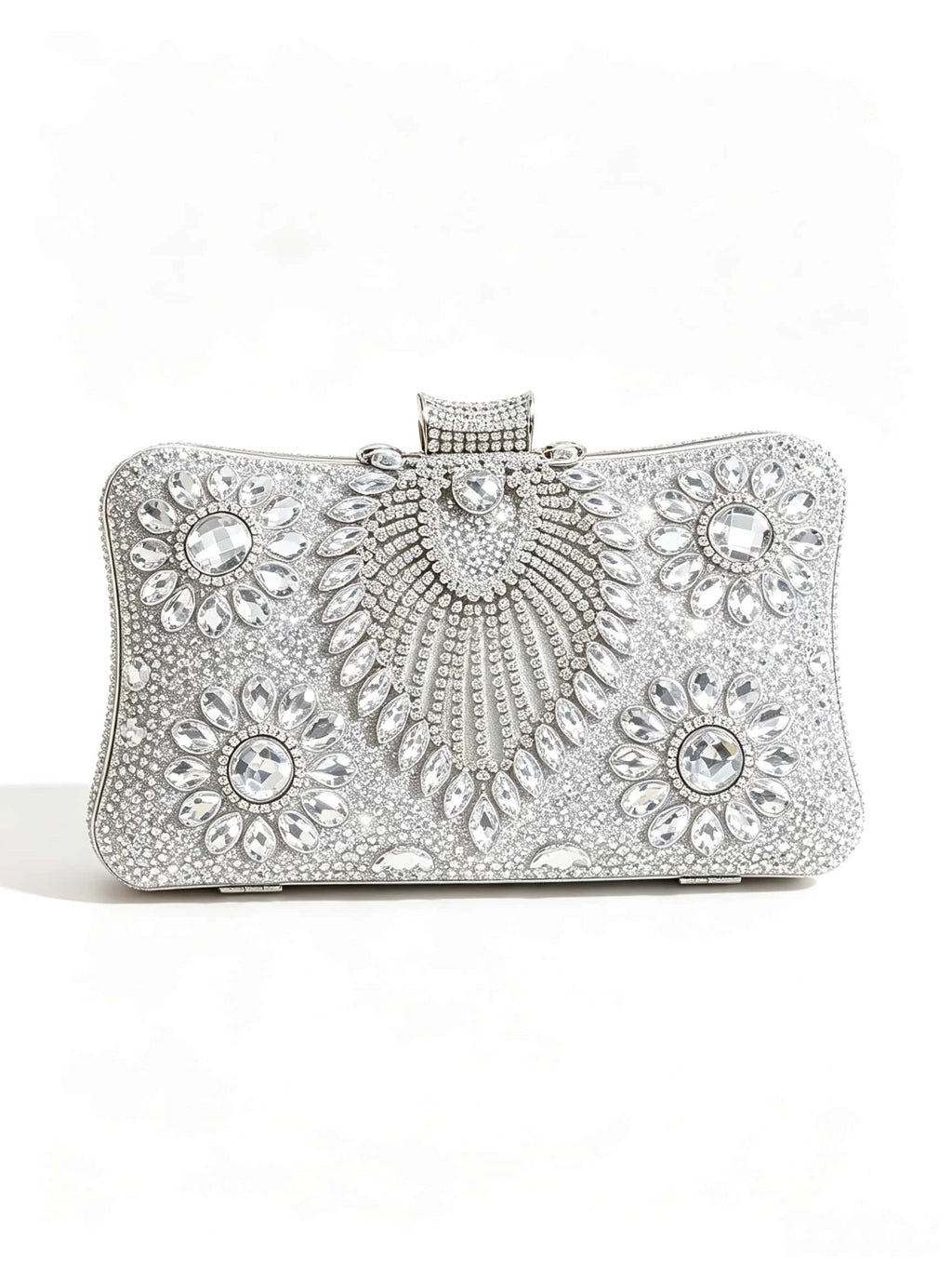 Peacock Full Diamond Silver Evening Clutch Bag with Detachable Chain, Shiny Dress Bag for Wedding Party