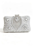 Peacock Full Diamond Silver Evening Clutch Bag with Detachable Chain, Shiny Dress Bag for Wedding Party