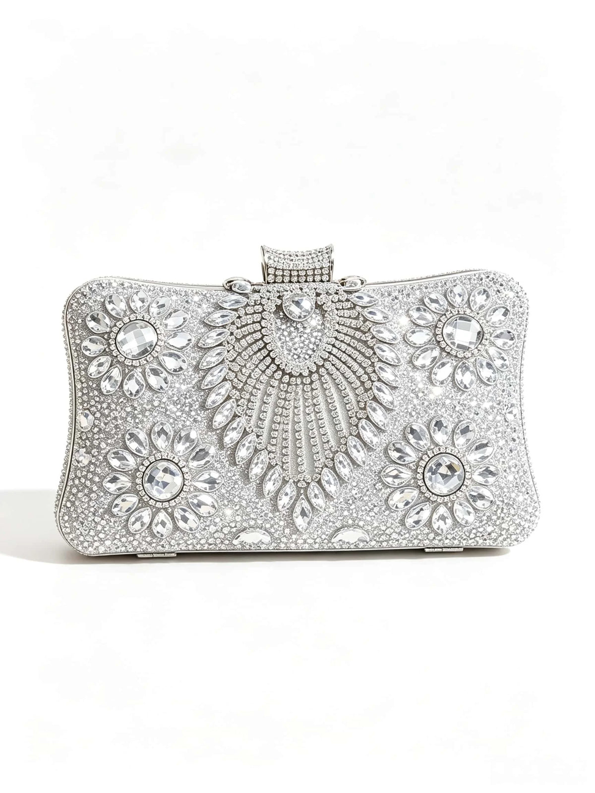 Peacock Full Diamond Silver Evening Clutch Bag with Detachable Chain, Shiny Dress Bag for Wedding Party