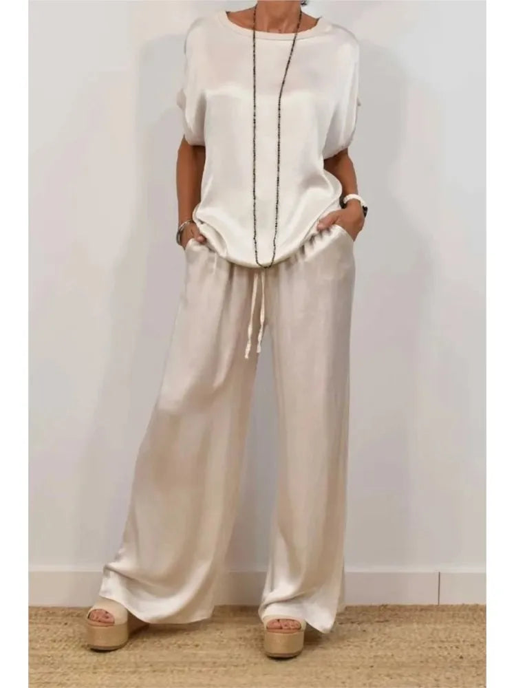 Spring Summer Fashion Solid Smooth Satin Two Piece Sets New Women's O-neck Short Sleeve Top + Wide Leg Pant Casual Loose Set