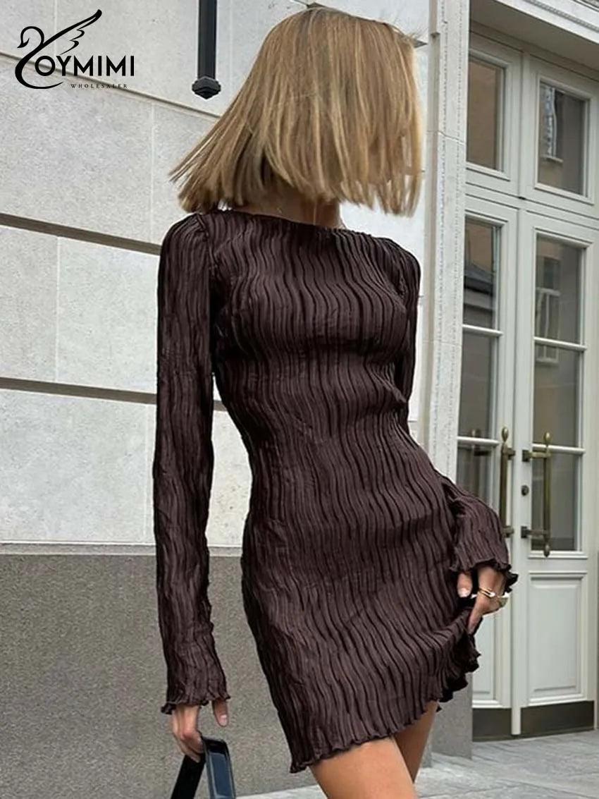 Oymimi Elegant Brown Pleated Women's Dress Fashion O-Neck Long Sleeve Slim Dresses Casual Straight Mini Dresses Female Clothing