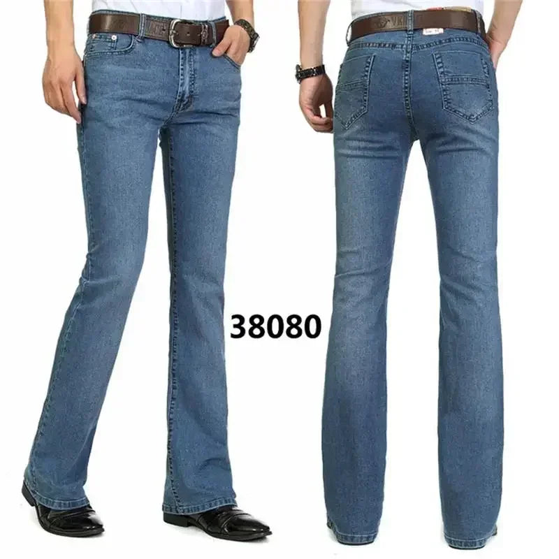 Male Bell Bottom Denim Trousers Slim Black Boot Cut Jeans Men's Clothing Casual Business Flares Pants