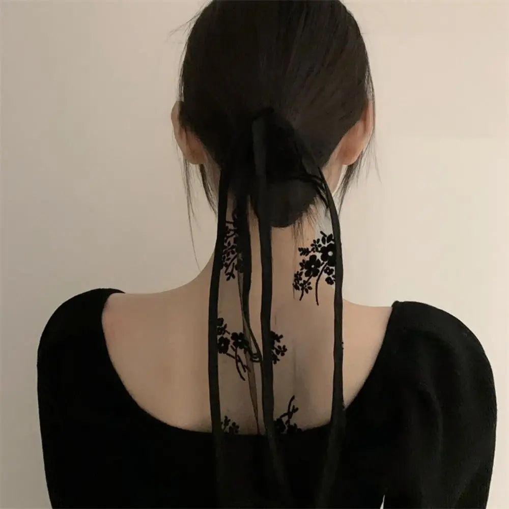 Y2k Sweet Flower Lace Neck Strap Dressing Decoration Korean Style Hair Band Neckerchief Transparent Long Ribbon Head Scarf