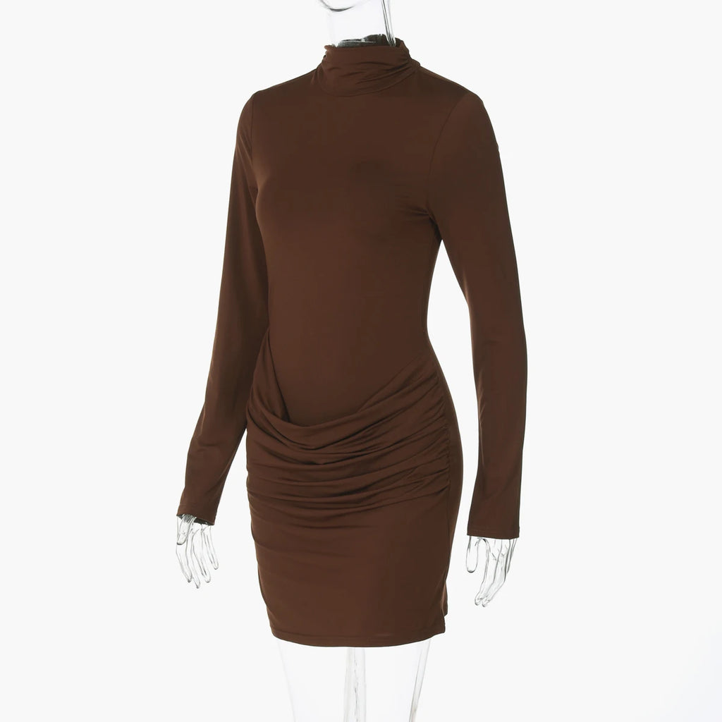 Hugcitar Women Elegant Turleneck Long Sleeve Ruched Sexy Bodycon Mini Dress Autumn Women Clothes Streetwear Party Festival