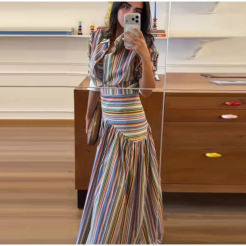 Multicolor Striped Shirt 2 Picec Set Button Front Blouse High Waist Flared Hem Maxi Skirt 2026 Summer Elegant Lady Vacation Suit