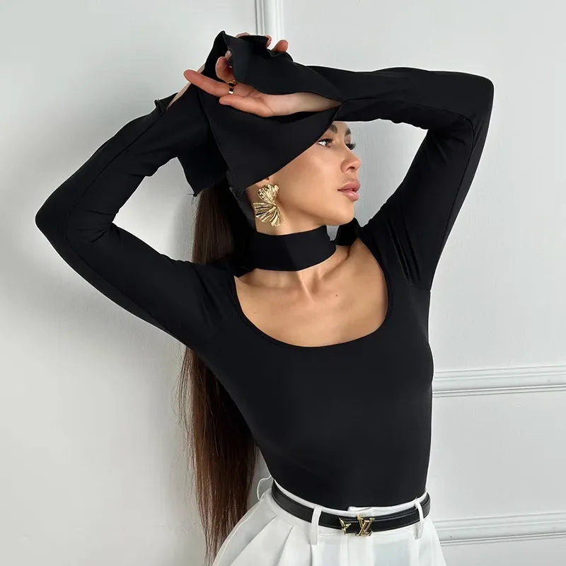 Women'S Fall/Winter New Arrival Solid Color Hanging Neck Square Collar Slim-Fit Elegant Slit Long-Sleeve Causal Top