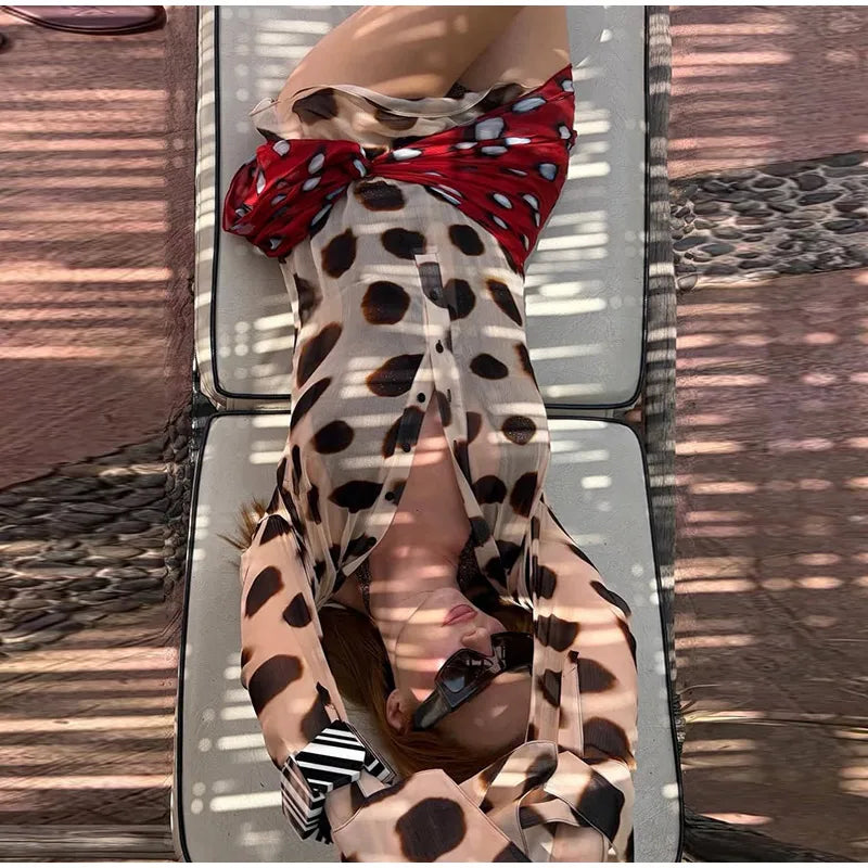 Sexy Printed Shirt-style Women's Dress Full Sleeve Turn-down Collar Button Detachable Scarf Dresses 2026 Summer Chic Female Robe