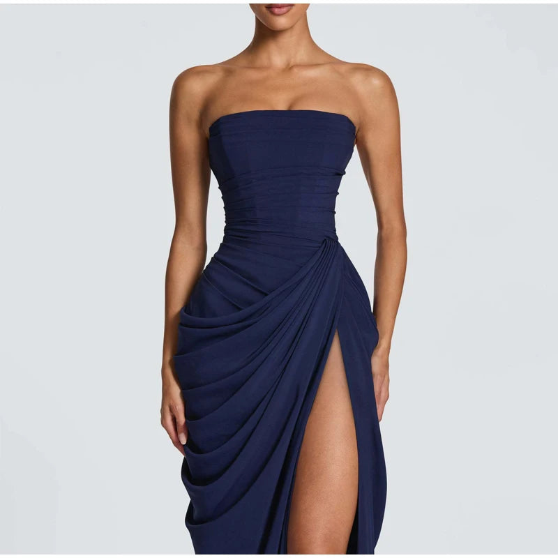 Women Sexy Solid Pleated Strapless Dress Lady Chic Off-shoulder Backless High Waist Split Dresses 2026 Summer Evening Party Gown