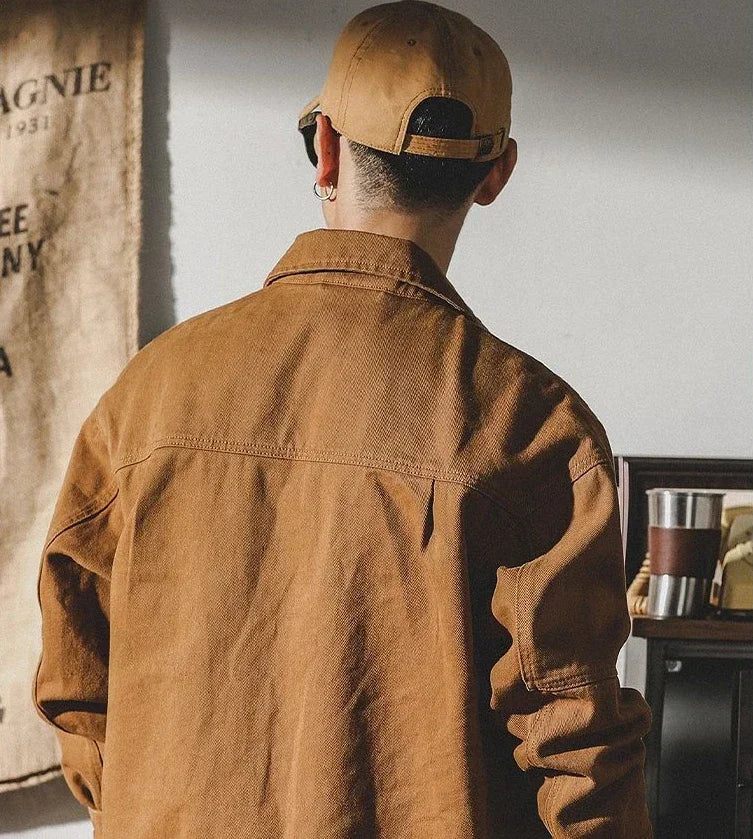 Men's Denim Jacket Vintage Brown Male Jean Coats Cargo Designer Washed Clothing Winter 2025 Korean Style Elatic Original Cowboy