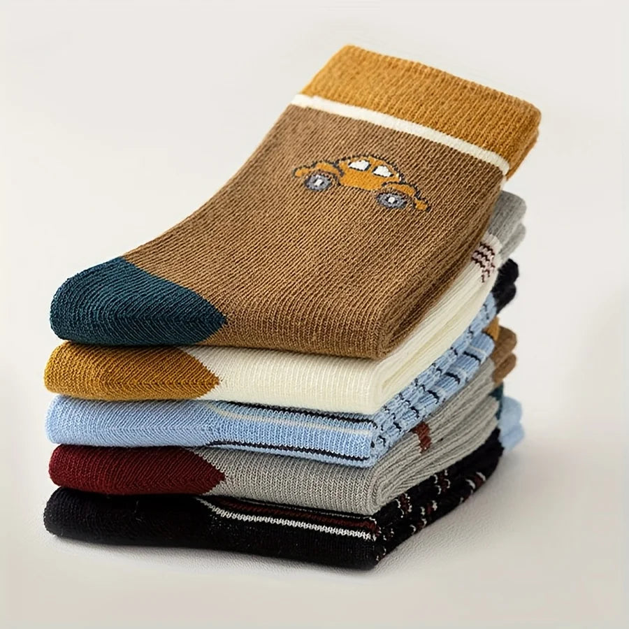5 Pairs of Children's Floor Socks with Cartoon Stripes and Car Patterns, Adhesive Dots, for Boys and Girls, Baby Toddler Soft-Soled Indoor Non-Slip Japanese-Style Versatile Mid-Calf Socks, Suitable for Casual Daily Life