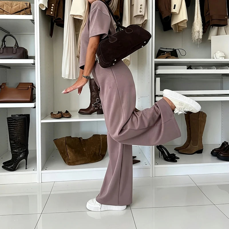 Women Casual Loose Sporty Two Piece Fashion Daily Commute Outfit 2026 Summer Simple O Neck Short Sleeve Top and Long Pants Suit