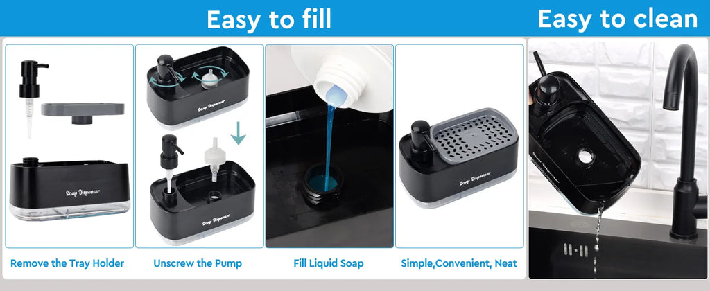 Kitchen Sink Organizer Set 3-in-1 Soap Dispenser with Dual Pump and Sponge Holder Space-Saving Cleaning Storage for Countertops