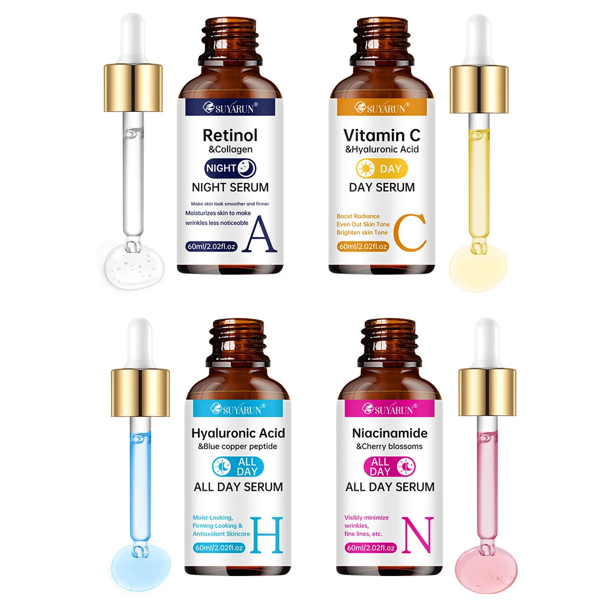 SUYARUN 4-in-1 Face Serum with Retinol, Vitamin C, Hyaluronic Acid & Niacinamide | Anti-Aging, Brightening, Hydrating