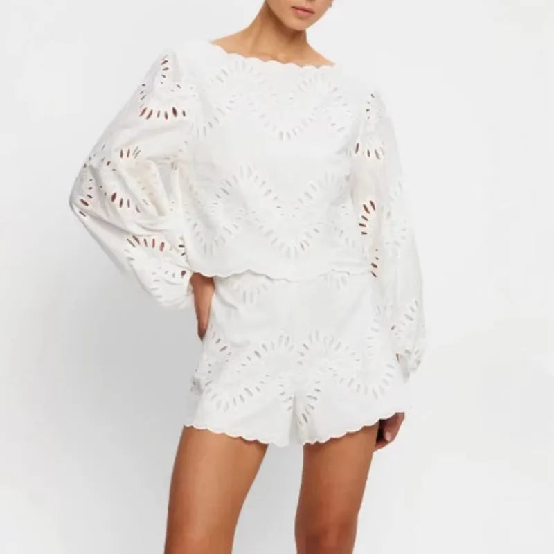 Women Solid Cropped Top 2 Piece Matching Set Round Neck Puff Sleeve Eyelet Hollow Hem Shorts Outfits Casual Summer Resort Outfit