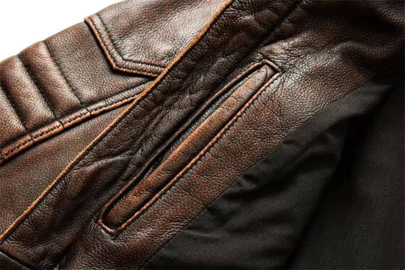 New Motorcycle Causal Vintage Leather Coat Men Autumn Outfit Fashion Biker Pocket Design Top Layer Cow Leather Jacket