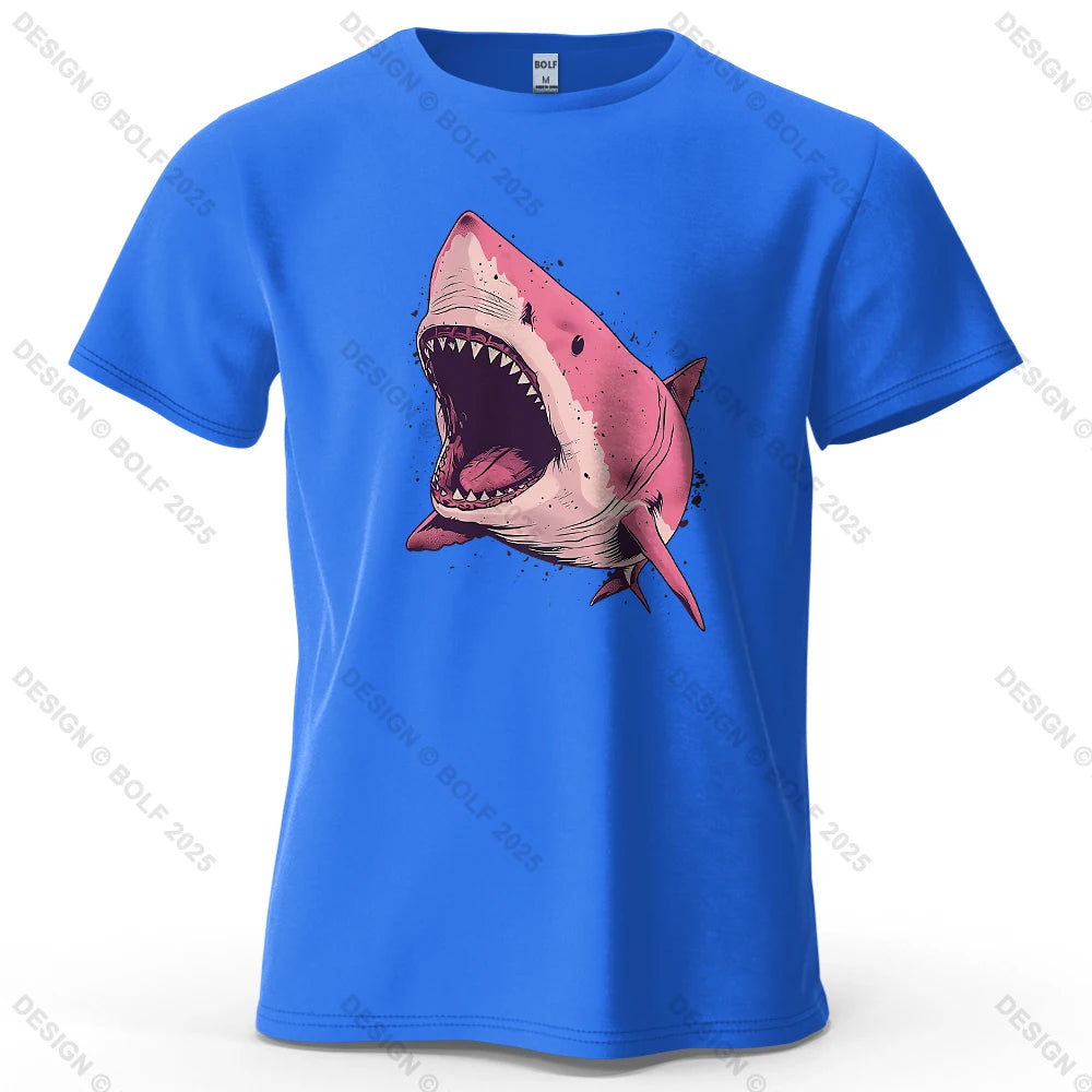 Pink Shark Cartoon Image Printed Men's T-Shirt 100% Cotton Oversized Marine Life Graphic Tees for Women Tops Tees Streetwear