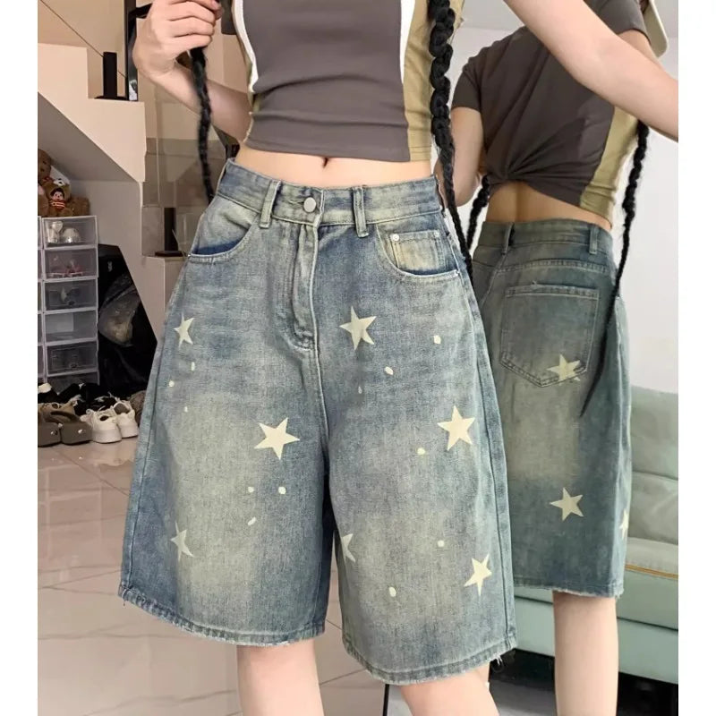 Casual Floral Print Loose Wide Leg Womens Jeans New American Retro Star Design Straight Leg Comfort Stretch Soft Denim Shorts