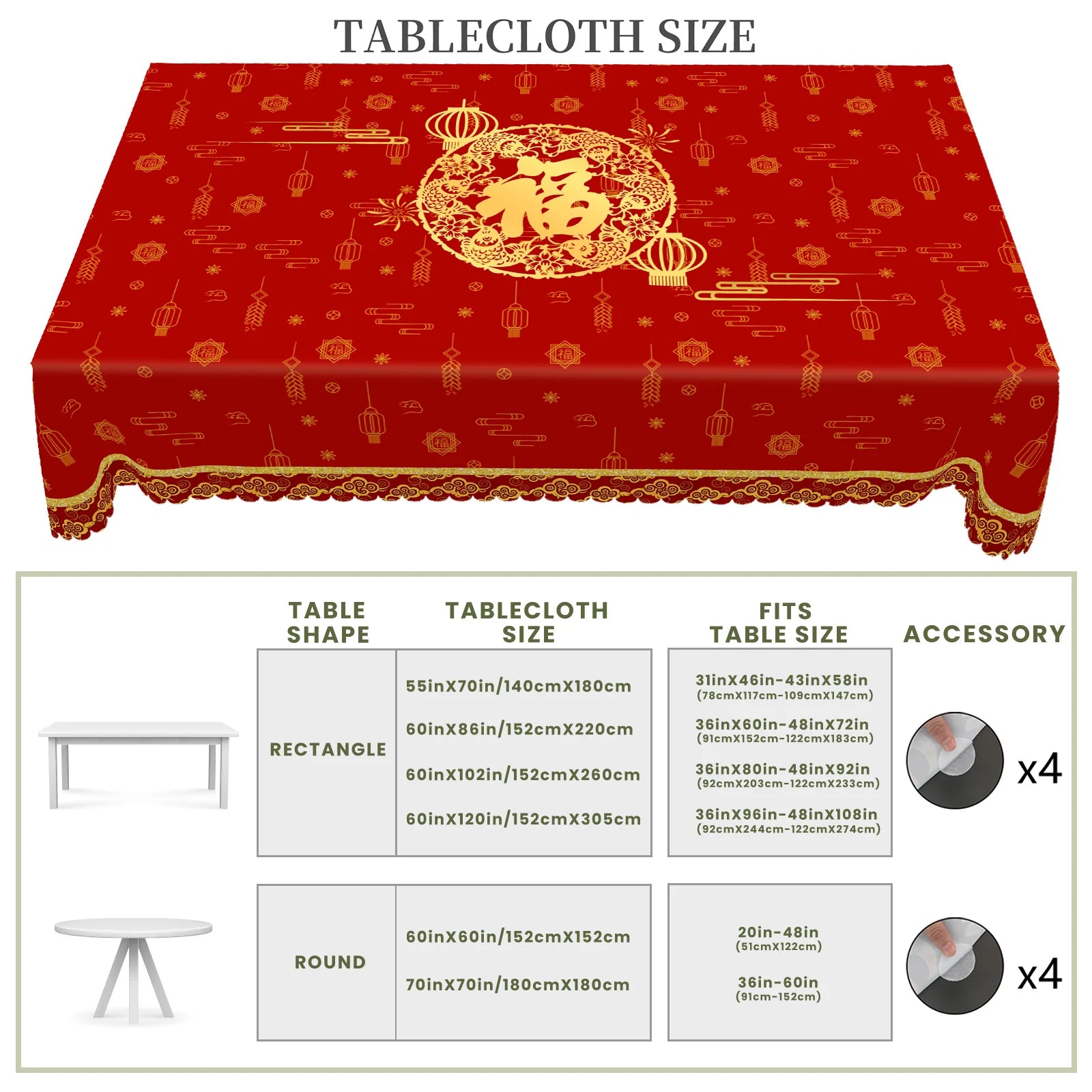 1 Piece of Chinese Spring Festival Red Round Tablecloth, Available in 5 Sizes, Auspicious Fortune Character Lanterns and Double Fish Gold-Printed Round Tablecloth, Embossed Edge Craftsmanship, Spring Festival Home Dining Tabl