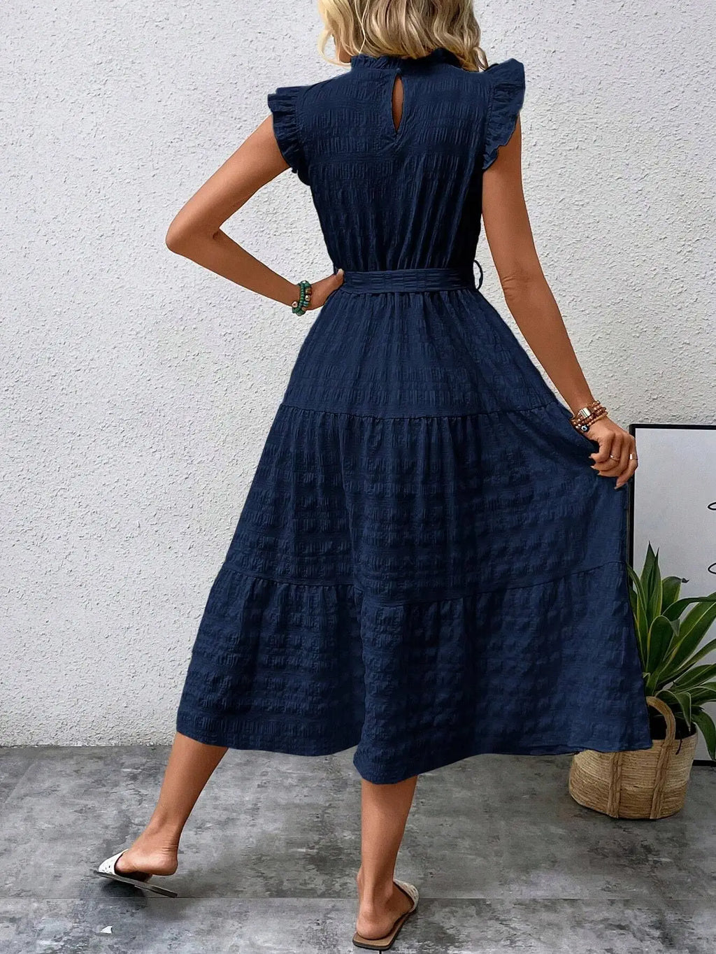 Elegant Women's Summer New Fashion Wooden Ear Edge Flying Sleeve Lace Up Texture Dress Purple  Sleeveless Lace Up Long Dresses
