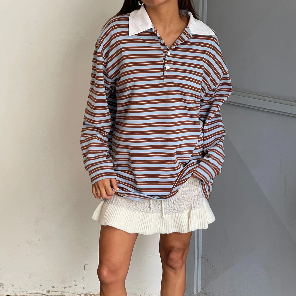 New Fashion Women T-Shirt Long Sleeve Turn Down Collar Stripes Fall Tops Streetwear For Casual Daily Hot Sale S M L