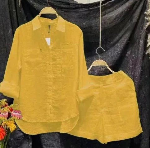Fashion White Long Sleeve Shirt And Shorts Two Piece Sets Woman 2024 Spring Cotton Linen Casual Home 2 Piece Set For Women