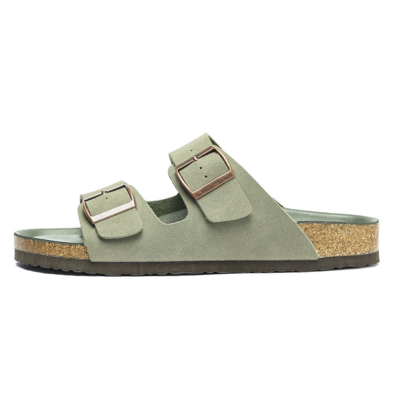 Summer Men Women Cork Slippers Clogs Microfiber Leather Slides Casual Slip On Sandal Double Buckle