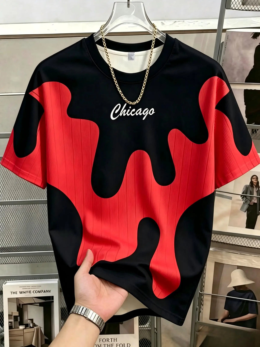Fashionable new men's summer Chicago letter ink printed soft and breathable round neck T-shirt outdoor urban leisure sports top